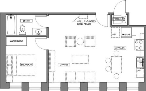 Floor plan for 1 bed, 1 bath, 550 sqft
